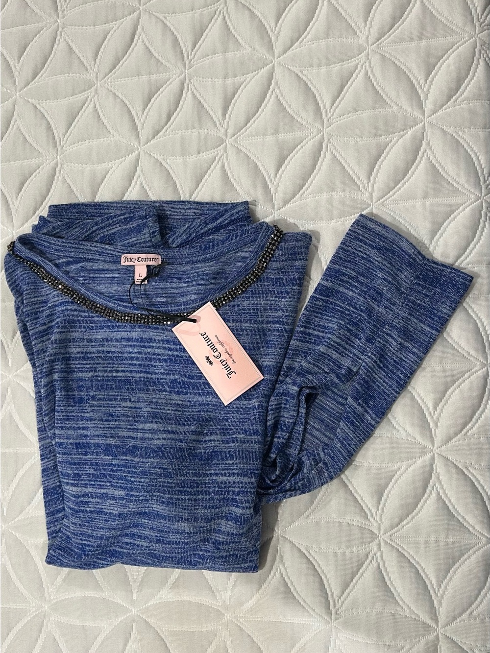 Juicy Couture Blue Marled Long Sleeve Top with Embellished Neckline